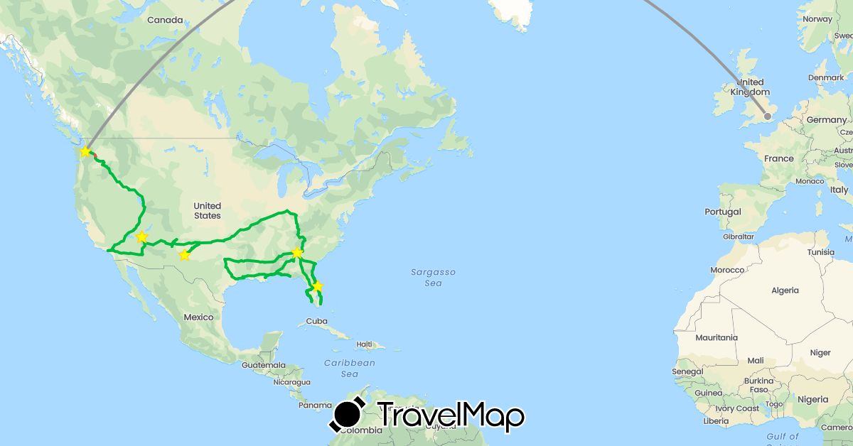 TravelMap itinerary: bus, plane, hiking in United Kingdom, United States (Europe, North America)