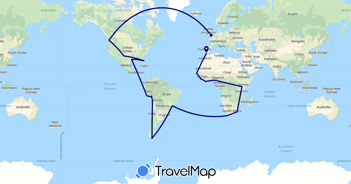 TravelMap itinerary: driving in Brazil, Chile, United Kingdom, Kenya, Morocco, Nigeria, Peru, Senegal, United States, South Africa (Africa, Europe, North America, South America)