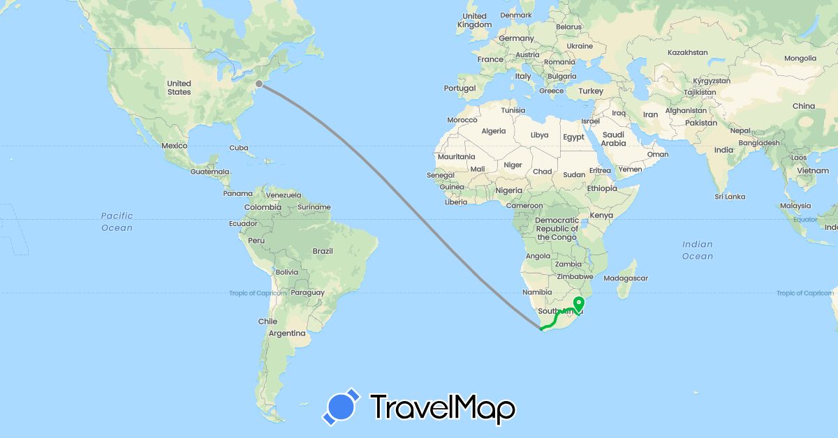TravelMap itinerary: driving, bus, plane in United States, South Africa (Africa, North America)